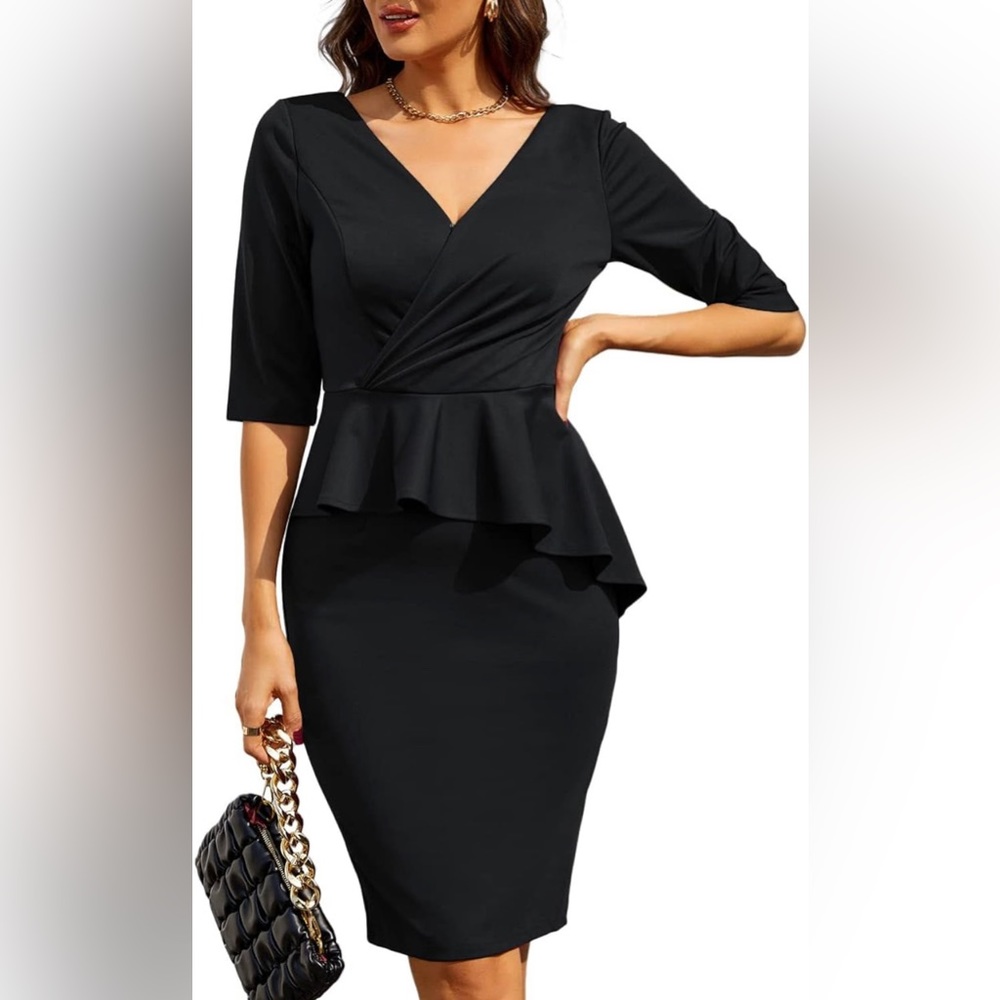 *NEW* Women Office Pencil Dress Wrap V Neck Ruffle Hem For Work Dresses